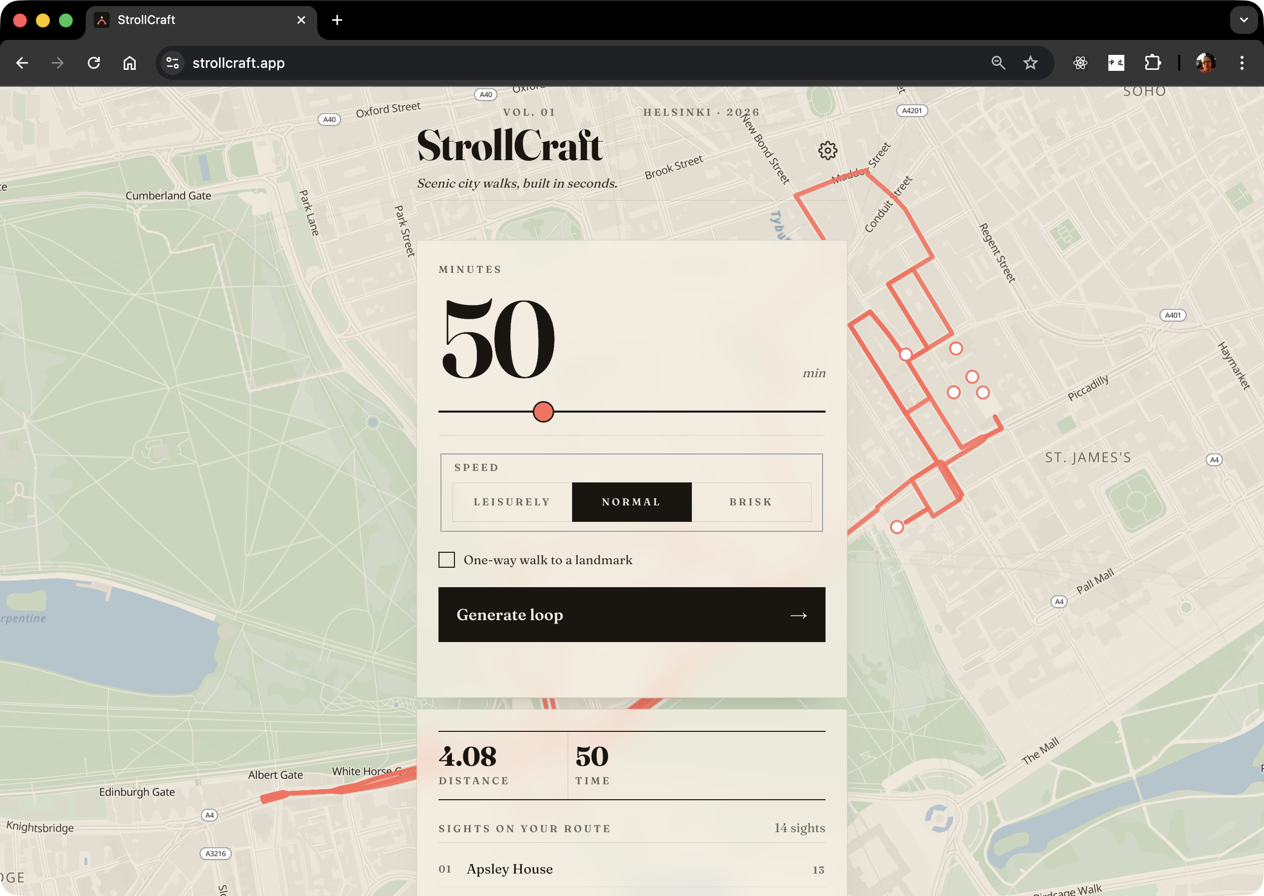 StrollCraft showing a walking loop in central London.