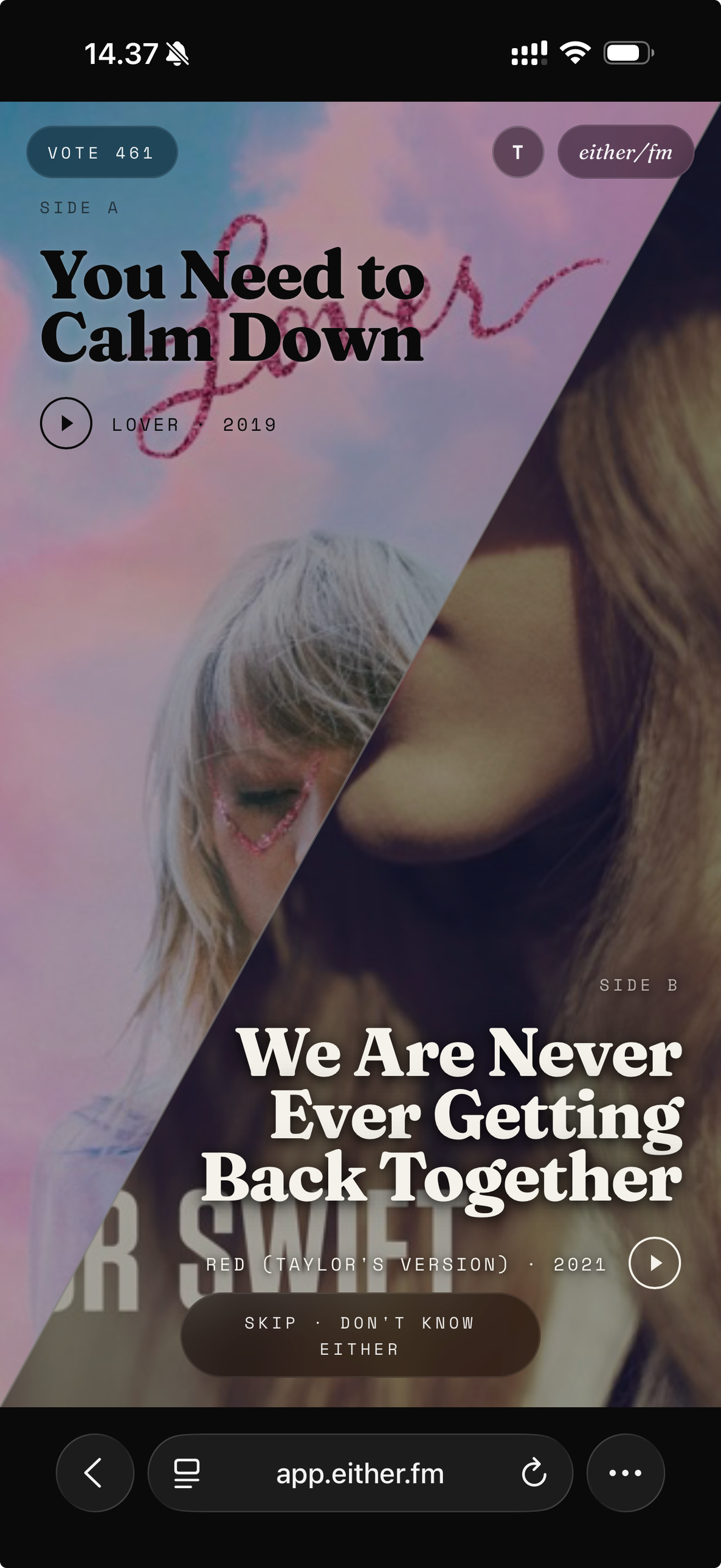 either.fm showing a duel between two songs.
