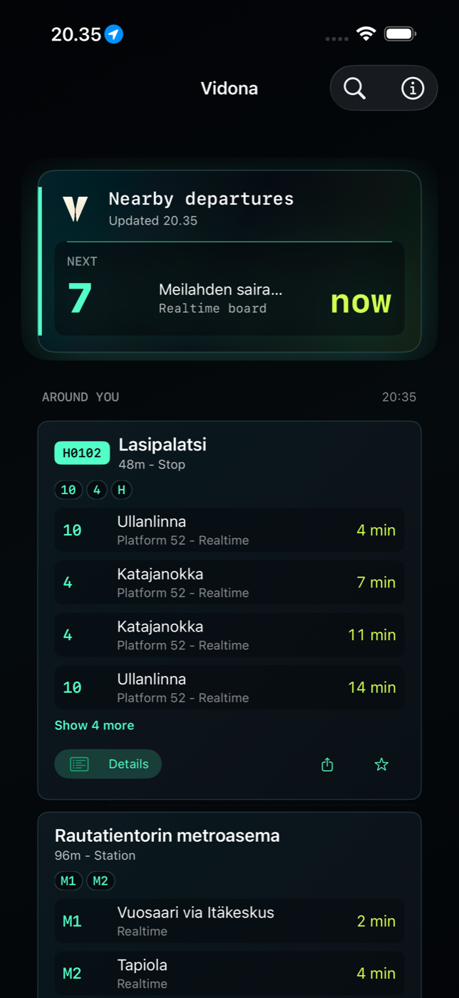 Vidona — nearby departure board with live countdowns.