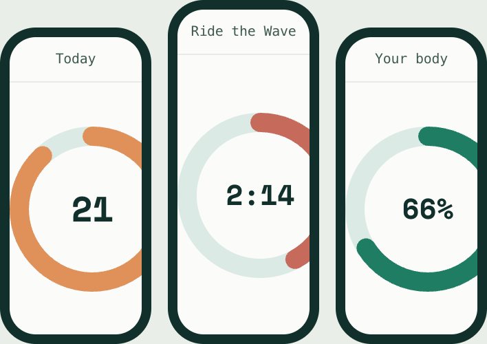 Zaelona tools — daily dial, Ride the Wave craving timer, and body-recovery progress.