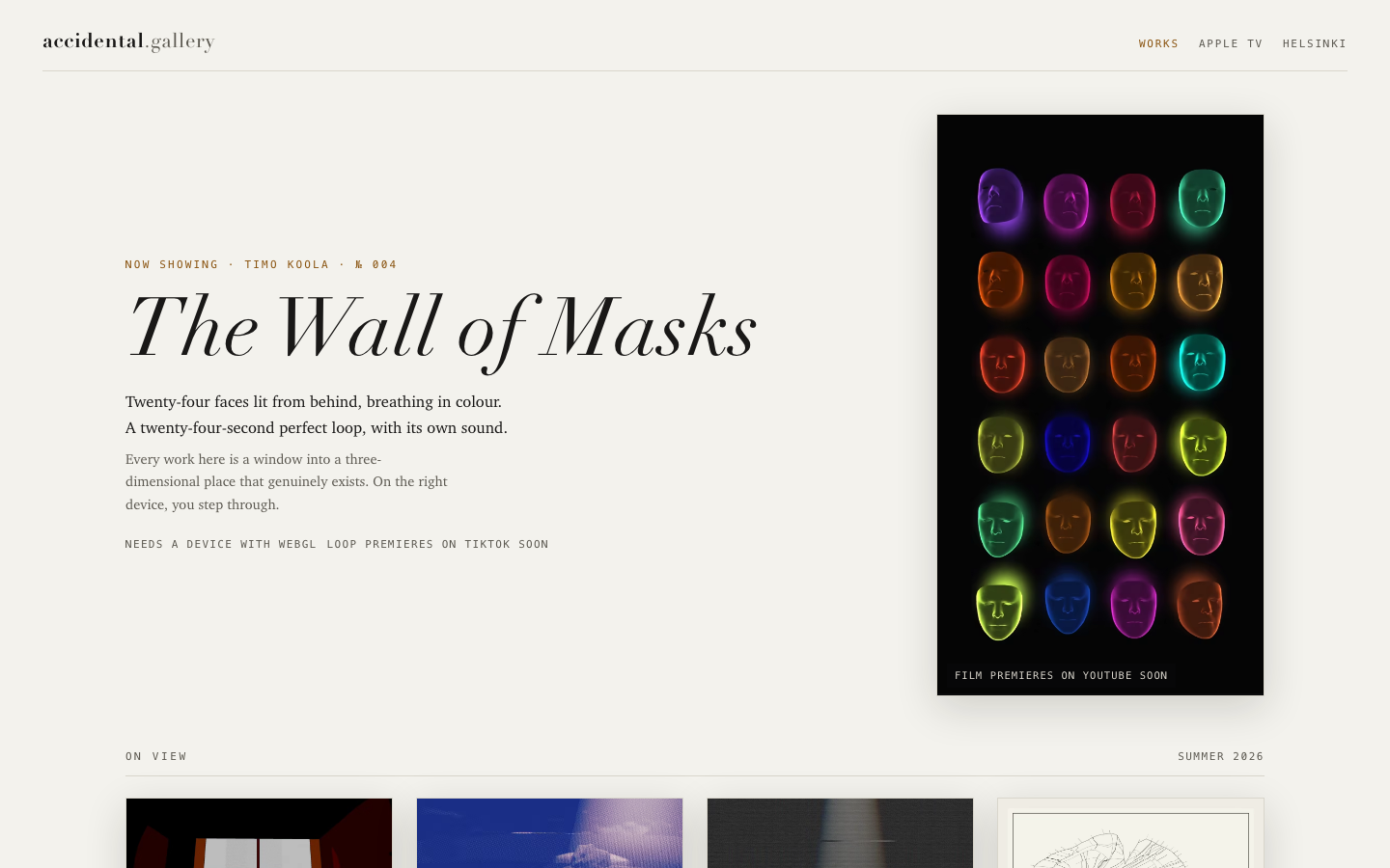 accidental.gallery home page featuring The Wall of Masks.